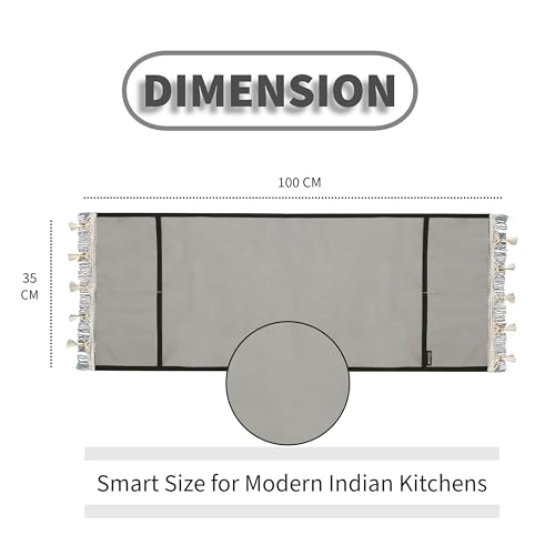 Image of Microwave Oven Cover with Tassel Lace - Waterproof Dustproof Polyester Top Cover for Kitchen with 4 Side Pockets, Modern Design, Grey (100 x 35 cm)