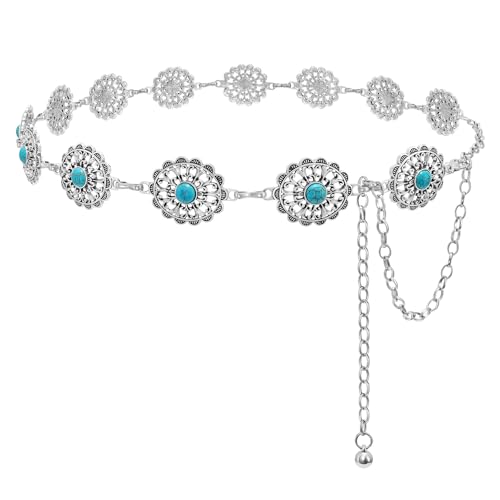 Western Chain Belt for Women, Turquoise Concho Belt Stylish Waist Accessories for Daily Carnival