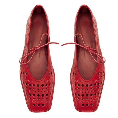 Ballet Flats for Women Lace Up Bow Square Toe Mary Janes Ballerina Shoes Slip On Comfortable Cute Elegant Dress Shoes