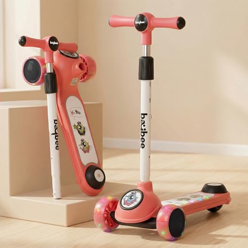 Image of Baybee Rolo Kick Scooter for Kids, 3 Wheel Kids Scooter with 3 Height Adjustable Handle, Music & Rear Brake, Skate Scooters with PU LED Wheels | Runner Scooters for Kid 3+ Years Boys Girls (Pink)