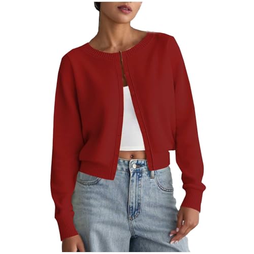 Chic Red Cardigan Sweater for Women | Casual Lightweight Crew Neck in Small