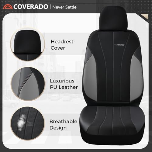 Image of Coverado Seat Covers for Car 2 Seats, Leather Car Seat Covers Fullset, Breathable Mesh Front and Rear Protectors, Grey Luxury Automotive Covers, Universal Fit for SUV, Truck, Sedan