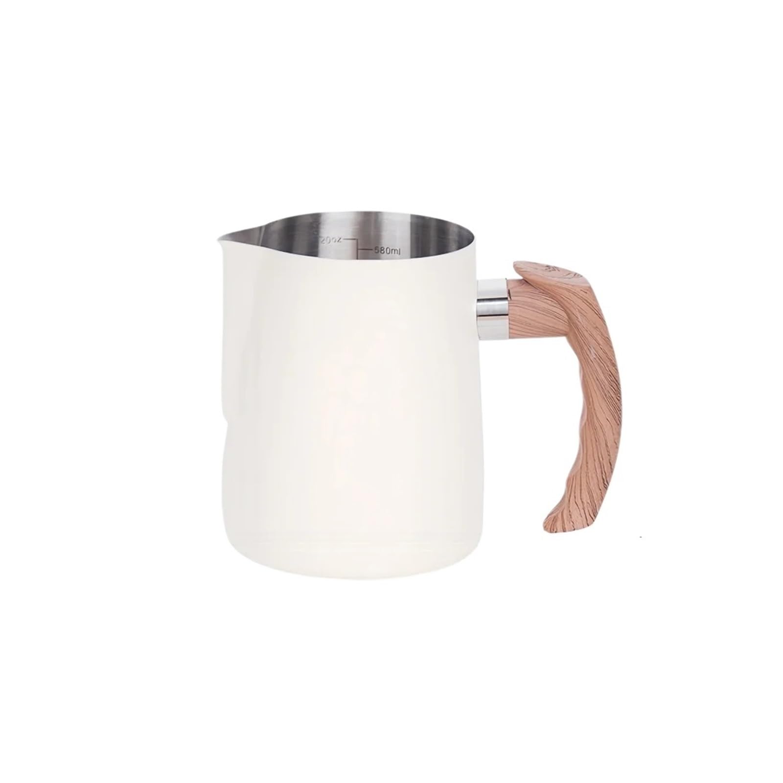 Jarra de espuma café y leche 600ml, jarra medidora con mango madera acero inoxidable 304, utensilios(Beige)