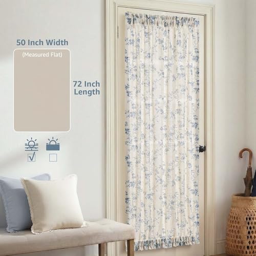 Image of jinchan Floral French Door Curtain Panel Farmhouse Decor Light Filtering Linen with Tie Up Bow for Glass Door or Patio 72 Inch Length Rod Pocket 1 Panel Blue on Linen