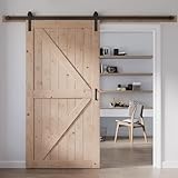 FREDBECK 42in x 80in Sliding Wood Barn Door with 7FT Barn Door Hardware Kit Included K Shape Solid Spruce Panel Sliding Door Double Surfaces Need to Assembly