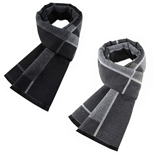 Pibupibu 2 Packs Cashmere Feel Men Scarf for Winter Outdoors, Black Grey Plaid Soft Warm Scarf