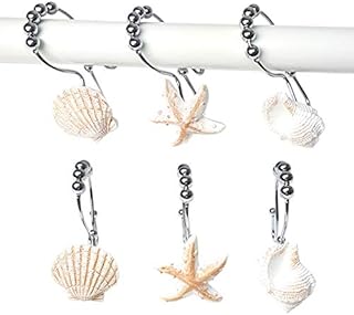 INCREWAY 12 Pcs Shower Curtain Double Hooks, Stainless Steel Shower Curtain Rings With Decorative Seashell For Both Shower Curtain and Liner (Seashell, Starfish,Conch) (White)
