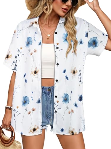 Image of Women Hawaiian Shirt Button Down Summer Tops Beach Short Sleeve Blouse