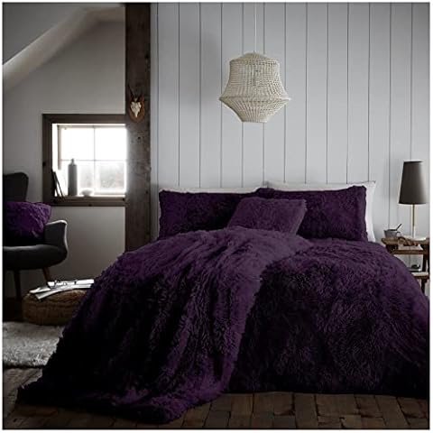 VELVETIO Teddy Bear Hug and Snug Duvet Set & Pillowcases, Fluffy Fur Fleece Bedding Quilt Cover, Super Soft Cuddle Sherpa warm Comforter Bedset, 3Pc Double Size Duvets, Purple Cover
