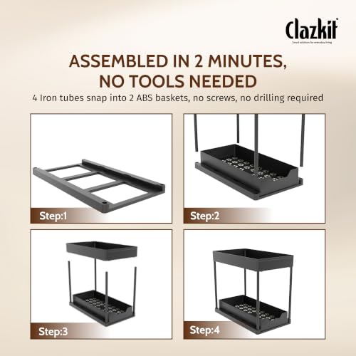 Image of Clazkit 2-Tier Under Sink Organizer for Kitchen & Bathroom | Pull-Out Cabinet Storage Rack with Hooks & Hanging Cup | Multi-Purpose Organizer for Cleaning Supplies, Toiletries & Accessories | Black
