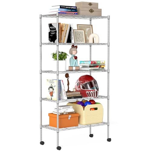 Image of BestOffice | 5-Tier Wire Storage Shelves with Wheels | 14 x 30 x 61 | Chrome | with Adjustable Racks | Heavy-Duty Metal Shelf, Holds Upto 1250 lbs | No-Tool Assembly | Ideal for Home & Garage Shelving