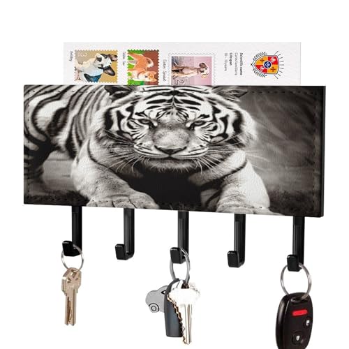Llavero de tigre para pared y organizador de cartas, estante con 5 ganchos y cuero sintético 2