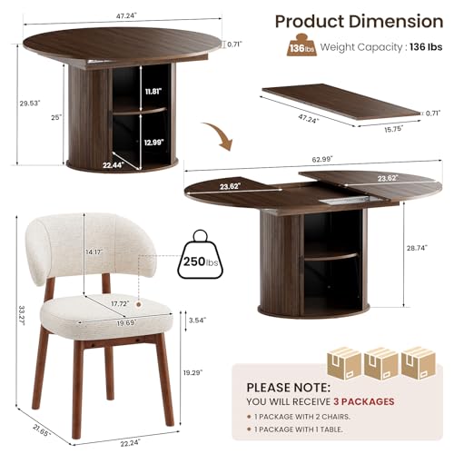 Image of MALOL 47 inch-63 inch Extendable Round to Oval Dining Room Table Chairs Set for 4-8, Modern Wooden Kitchen Table and Chairs with Hidden Storage and Fluted Design for Dining Room /Small Space(Walnut and Beige)