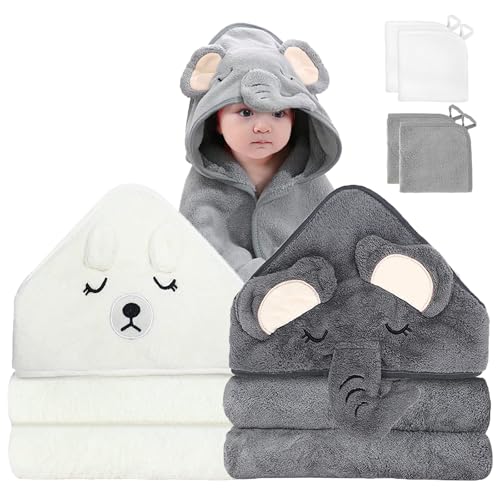 Image of 6 PCS Baby Bath Towels Set for Infants Toddlers, 2 PCS Animal Hooded Baby Towels & 4 PCS Washcloths Set, Ultra Absorbent Cute Soft Newborn Bath Essentials Gifts for Boys & Girls