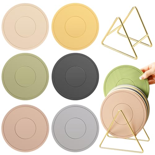 H&W 6Pcs Thickened Pot Holders, Silicone Trivets, with 1 Triangle Holder