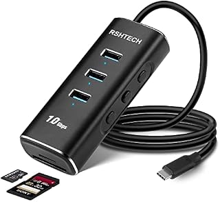 USB C Hub (10Gbps) RSHTECH 5-in-1 USB C Hub (with 3-Port USB 3.1 Gen2 Data Hub +SD/TF Card Readers ) Aluminum USB C Hub Multiport Adapter with Long Cable (Black, RSH-A104D)