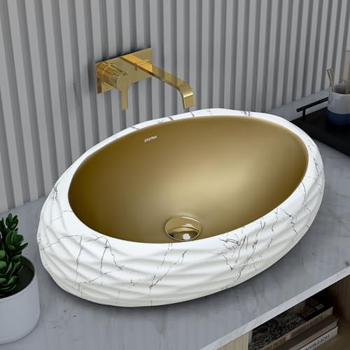 Image of Plantex Table Top Wash Basin For Bathroom /Designer Ceramic Basin /Countertop Vessel Sink Basin - Indo-European Collection (White & Gold - 24 x 16 x 7 Inch)