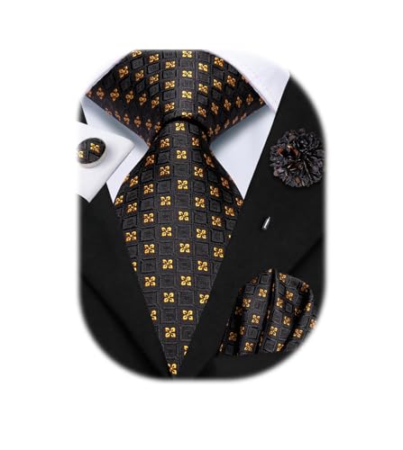 Image of Hi-Tie Mens Paisley Floral Striped Ties Set Silk Necktie and Lapel Pin for Men Pocket Square Cufflinks Set Business Wedding