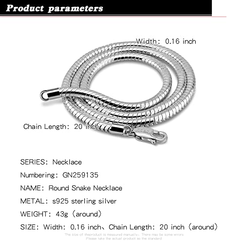 H&Beautimer Classic Unisex 925 Sterling Silver Necklace 3-4MM Round Snake Chain Necklace for Men Women - Party Fine Jewelry - Original Silver Link Necklace 16-17-18-19-20-22-24-26-28-30''2