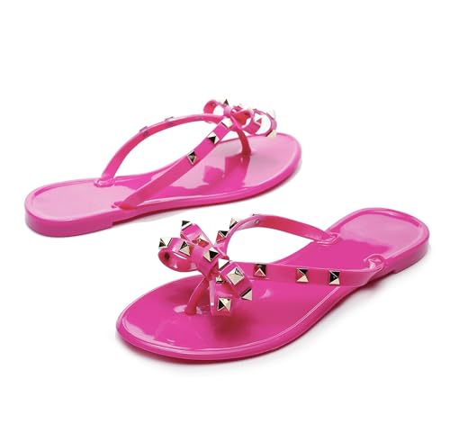 Image of Studded Jelly Shoes for Womens Bow Flip Flops Jellies Sandals Flat Black Summer Beach Thong with Rivets Strappy Slides Slip On