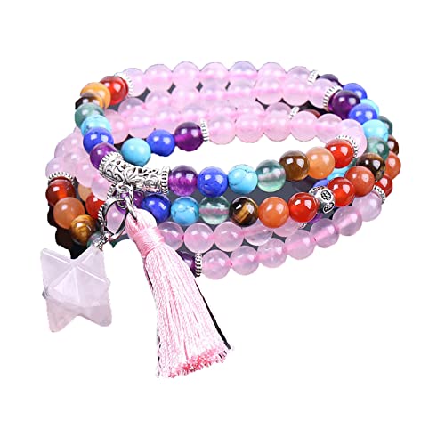 Natural Stone Pink Quartz Crystal 108 Beads Strand Bracelet Necklace Tassel Pendant 7 Chakra Energy Jewellery