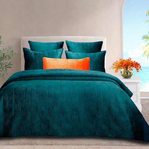 Querencia Luxury Velvet Quilt - Teal Green Velvet Comforter Set Queen Size, Cozy Warm...