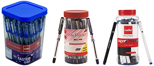 Image of Cello Aspro Mavro Black Ball Pen Pack of 50 Pinpoint Ball Pen Jar of 25 Faster Grip Ball Pens | Pack of 60