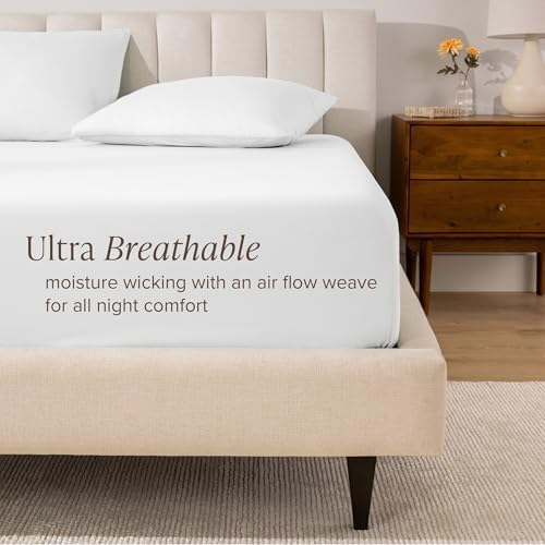 Bare Home 100% Organic Cotton Queen Fitted Sheet - Crisp Percale Weave - Lightweight & Breathable - Deep Pocket Fitted Sheet (Queen, White) - Thumbnail 3