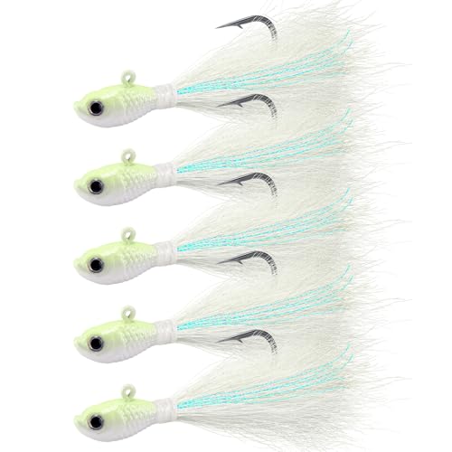 Alwonder 5-Pack Bucktail Jigs Hair Jigs Saltwater Freshwater Fishing Bucktail Lures Surf Fishing Jig Heads Swimbait Jig for Bass Flounder Bluefish Striper Halibut Redfish Luminous 1/2oz