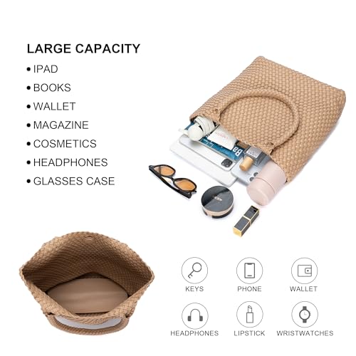 Image of BAGOK Woven Tote Bag for Women, Handwoven Vegan Leather Shoulder Bag with Clutch, Large Tote for Work, Travel & Beach
