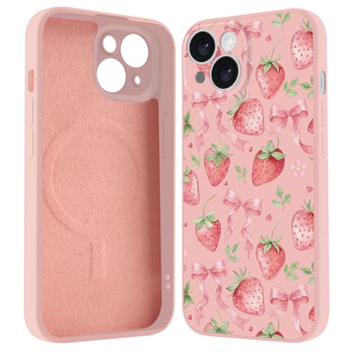 Coque iPhone 16 Pro MagSafe en silicone souple fraise et nœud pour femme