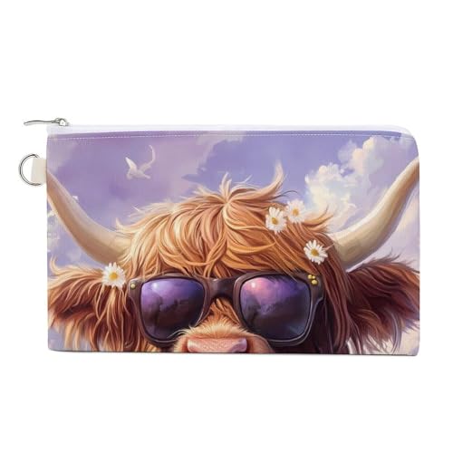 Highland Cow Daisy Flower Coin Purse Canvas Change Pouch Portable Pocket Wallet Mini Storage Bag with Zippered Keychain