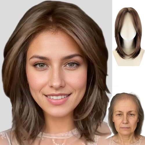 WIGYY Mono Top Lace Front Wigs for White Women Shoulder Length Straight Brown Mixed Blonde Synthetic Wig Natural Look Glueless Heat-Resistant Wig with Realistic Scalp Adjustable Cap for Older Women