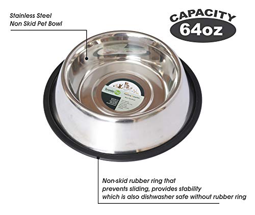 Iconic Pet 8 Cup Stainless Steel Non-Skid Pet Bowl For Dog Or Cat (2 Pack), 64 Oz #TOP4