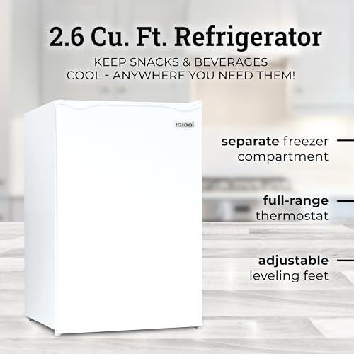 Igloo 2.6 Cu.Ft. Compact Refrigerator with Freezer, 2 Shelfs, Perfect for Homes, Offices, Dorms, White