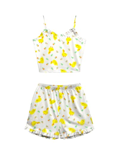 Cetieo Womens Pajama Sets 2 Piece Cute Ruffle Pjs Summer Lounge Tank Top Short Sets Loungewear (US, Alpha, Medium, Regular, Regular, duck-04) - image 4