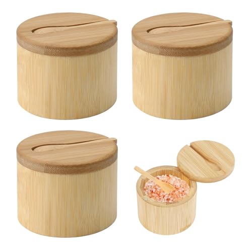 UCFBWO 3 Pièces Salière en Bambou | Pot à Sel avec Couvercle Magnétique Pivotant | Boîte Bambou Récipient à Épices Rond avec Cuillère pour...