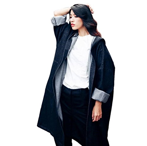 Feelme Women Casual Denim Jacket Lapel 3/4 Sleeve Long Trench Windbreaker Hooded (One Size, Black)