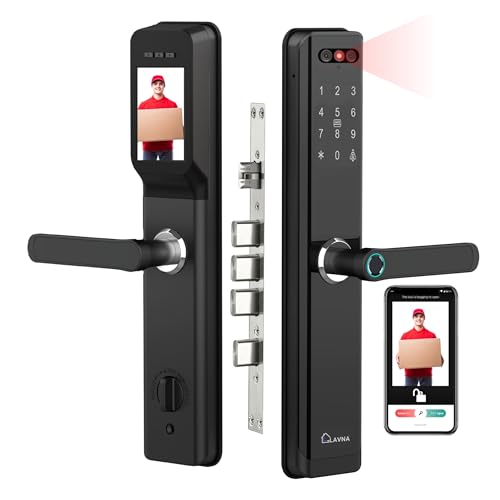Image of LAVNA LA24 Smart Door Lock | 8 Way Unlock | Face Id, Fingerprint, Mobile App, WiFi + Bluetooth, OTP, PIN, RFID Card and Manual Key | Built-in Camera n Screen | 5 Bolts | fit with Wooden Doors (Black)