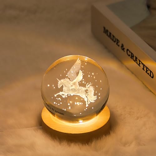 Image of 3D Pegasus Crystal Ball Lamp with Dimmable LED and Wooden Base, Night Light for Kids Teens Adults, Home Desk Office Bedroom Decor, Birthday Gift (2.4 inch / 6cm)