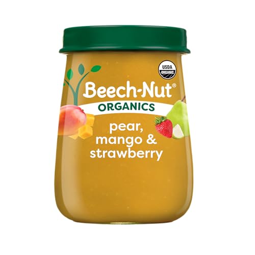 Beech-Nut Organic Baby Food Jars Organic Pear Mango & Strawberry Baby Puree Stage 2 for Babies 6 Months and Up Non-GMO 4oz Glass Baby Food Jars 10ct