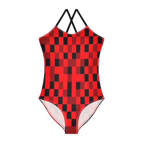 Bathing Suit for Toddler Girls, Summer Beach Bathing Suit 3-10 Y, Black Red Checkerboard