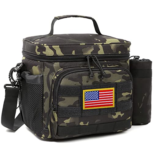 TACTICISM Lunch Box for Men - 12L Tactical Lunch Bag Adult, MOLLE Insulated Leakproof Lunch Pail with Detachable Water Bottle Pouch, Lunch Cooler for Work and Outdoors,Black Camo