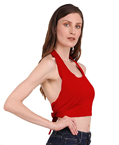 Image of THE BLAZZE 1381 Women's Basic Sexy Solid Backless Halter Neck Slim Fit Sleeveless Crop Top for Women