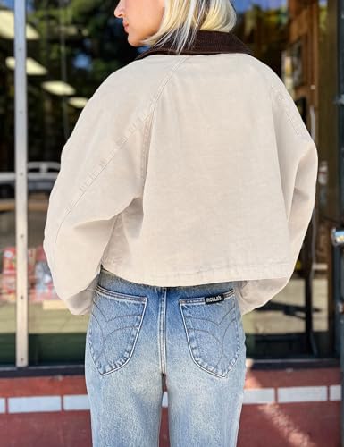 APAFES Women's Cropped Barn Jacket Corduroy Collar Button Down Long Sleeve Short Coat with Pockets4