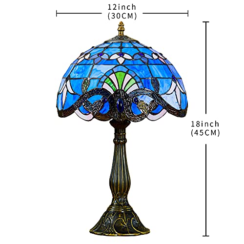 Vallaure Lupinu Tiffany Table Lamp Blue Stained Glass Style Vintage Luxurious Nightstand Reading Desk Light 18" Tall For Living Room Bedroom Bedside Study Handicrafts Gifts Led Bulb Not Included #TOP1