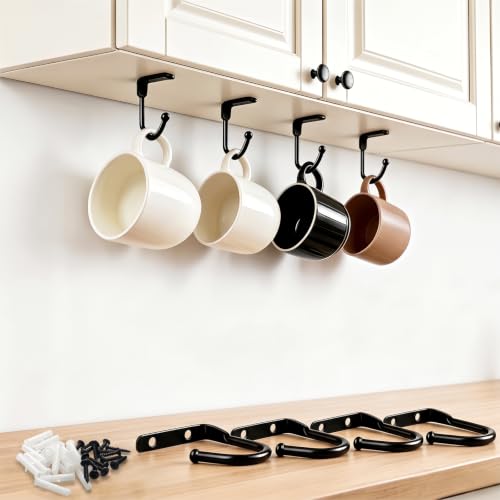 Image of Black Screw-In Cup Hooks for Under Shelf, 8Pcs Space Saving Hooks for Kitchen, Maximise Cabinet with Mug Rack & Utensil Holder, Heavy Duty Cup Rack for Under Shelf, Coffee Mug Storage, Pots and Pans