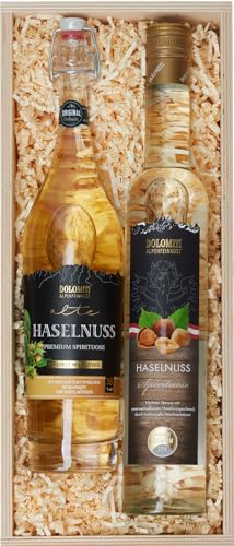 Geschenk-Set Dolomiti Haselnüsse 2er Set in Holzkiste - Alte Haselnuss Spirituose und Haselnuss Schnaps - 2 x 0,5 l - Beste Qualität aus Österreich - Für alle Berg-Freunde - Alpines Geschenk