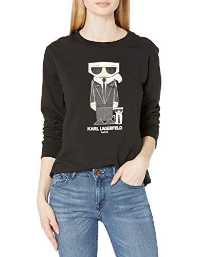 Karl Lagerfeld Paris Women's Long Sleeve Graphic Crewneck Sweatshirt, Black Karl & Choupette, Medium