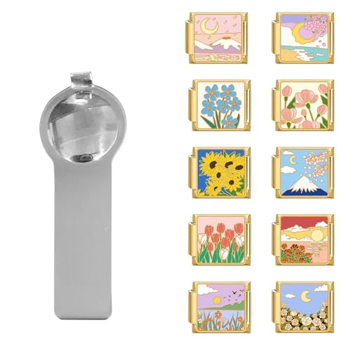 papasgix Italian Charm Bracelet Charms Gold Set Links Bulk with Opening Tool 9mm Italian Charms Flowers Italian Modular Bracelet Links Handmade DIY Jewelry